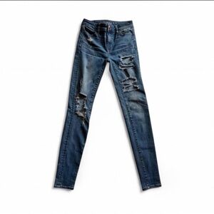 American Eagle Hi-Rise Jegging Super Stretch X Distressed Blue Jeans Size 0 Long